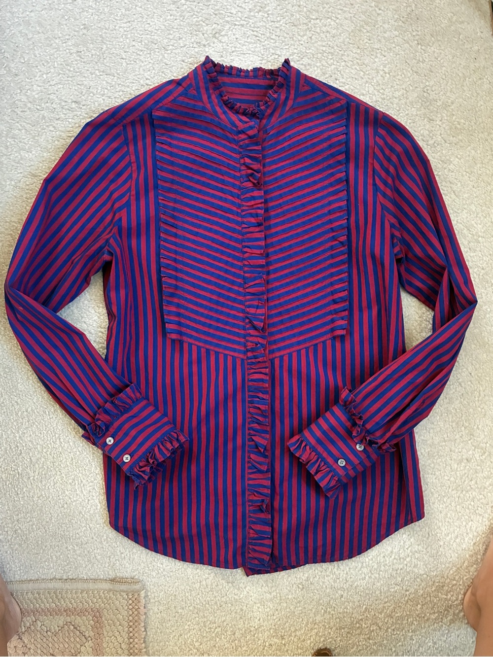 J. Crew Majenta & Blue Striped Long Sleeve Ruffle Trim Tuxedo Top Blouse S